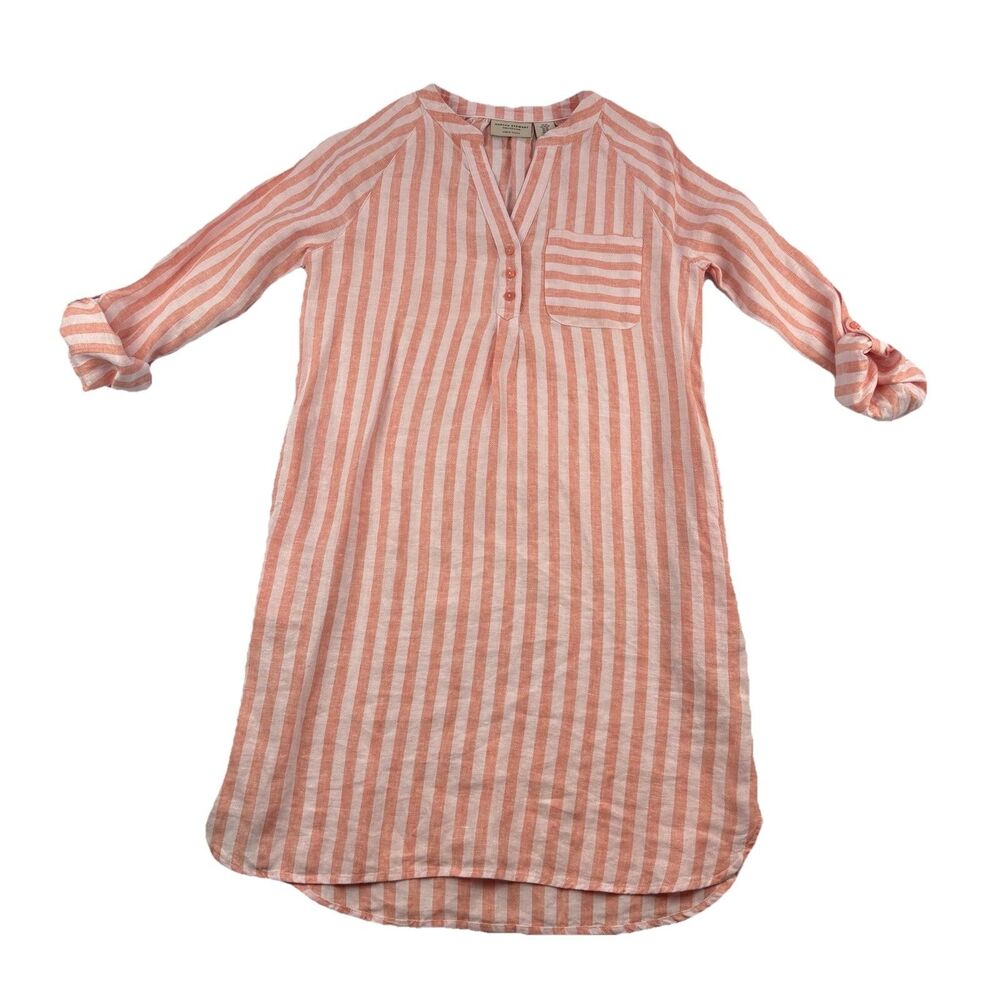 Martha Stewart 100% Linen Dress Womens XS Lomg Sleeve Pockets Striped V Neck